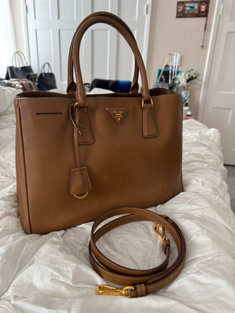 Prada Brown Saffiano Leather Satchel with Gold Hardware